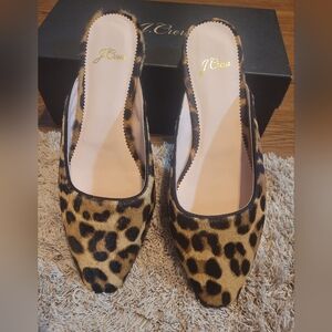 J.Crew Carolyn Flat Mules in Leopard Print Calf Hair - Size 7 1/2